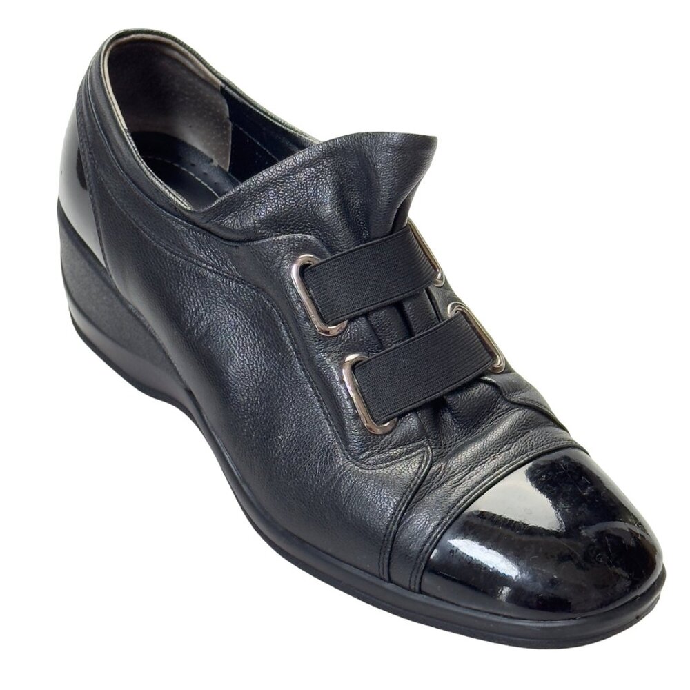 MOOK STYLE Women’s Shoes Black Leather Cap Toe Wedges Heels Size 9.5M